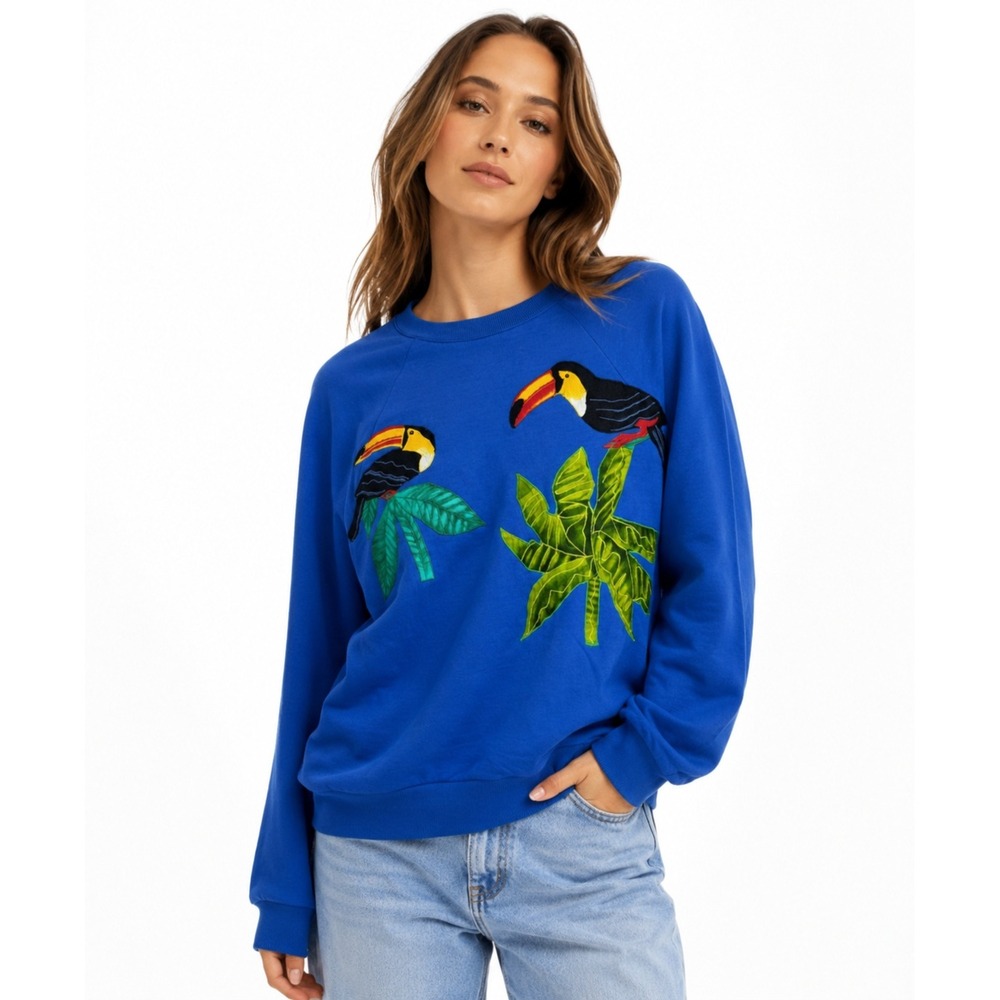 Camberly Knits Blue Toucan Embroidered Sweatshirt Womens XL Tropical Raglan Crew
